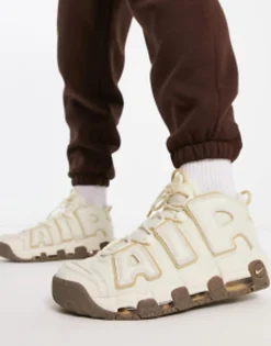Nike Air More Uptempo Trainers In And Gold With Gum Sole