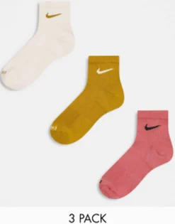 Nike Training Everyday Plus 3 Pack Ankle Socks In Pink, Brown And Beige