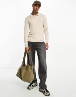 Only & Sons Longsleeve Knitted Polo In Beige