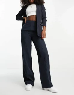 Pieces Tailored Blazer And Straight Leg Trouser In Navy Pinstripe