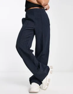Pieces Tailored Blazer And Straight Leg Trouser In Navy Pinstripe
