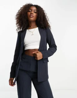 Pieces Tailored Blazer And Straight Leg Trouser In Navy Pinstripe