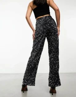 Pieces Velour & Sequin Wide Leg Trousers In