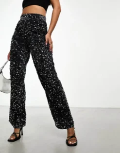 Pieces Velour & Sequin Wide Leg Trousers In
