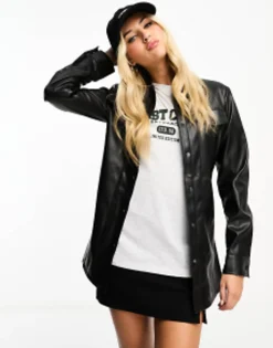 Pimkie Leather Look Belted Shirt Jacket In