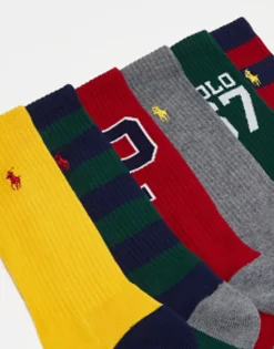 Polo Ralph Lauren 6 Pack Sport Socks With Pony Logo In Grey Red With Logo