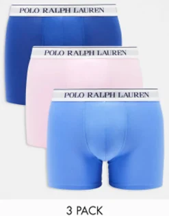 Polo Ralph Lauren 3 Pack Trunks In Navy Blue Pink With Logo Waistband