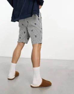 Polo Ralph Lauren Lounge Woven Pyjama Shorts In Navy Stripe With All Over Bear Logo
