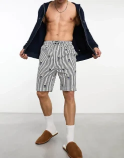 Polo Ralph Lauren Lounge Woven Pyjama Shorts In Navy Stripe With All Over Bear Logo