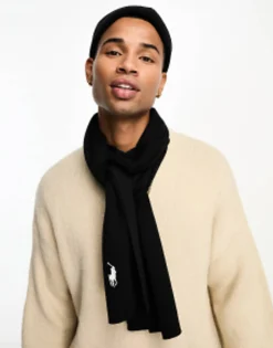Polo Ralph Lauren Ribbed Pima Cotton Scarf In Black With Logo