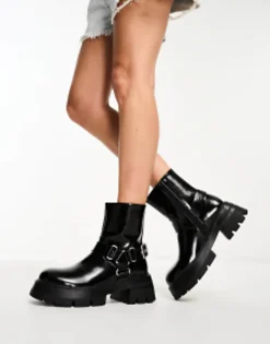 Public Desire Blizzard Harness Biker Boots In Black