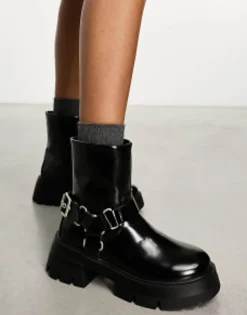 Public Desire Wide Fit Blizzard Harness Biker Boots In Black