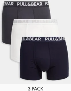 Pull&Bear 3 Pack Boxers In White, Grey And Navy