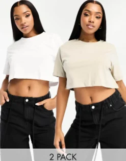 Pull&Bear 2 Pack Boxy Crop T-Shirt In White And