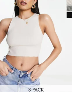 Pull&Bear 3 Pack Ribbed Racer Neck Cropped Top Ecru, Khaki