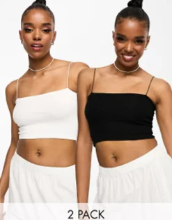 Pull&Bear 2 Pack Strappy Ribbed Tube Crop Top In White