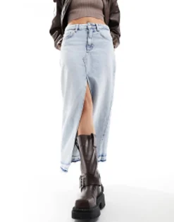 Pull&Bear Denim Midi Skirt With Split Front In Bleached Wash
