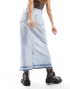 Pull&Bear Denim Midi Skirt With Split Front In Bleached Wash