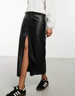 Pull&Bear Faux Leather Split Front Midi Skirt In