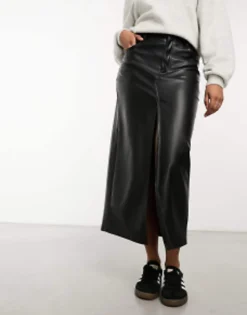 Pull&Bear Faux Leather Split Front Midi Skirt In