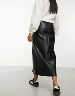 Pull&Bear Faux Leather Split Front Midi Skirt In