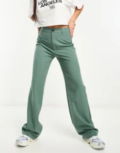 Pull&Bear High Waisted Tailored Straight Leg Trouser In Dark