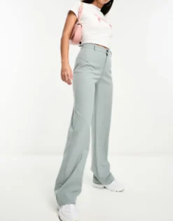 Pull&Bear High Waisted Tailored Straight Leg Trouser In Pale Blue