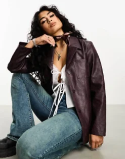 Reclaimed Vintage 90'S Distressed Faux Leather Blazer Coat In