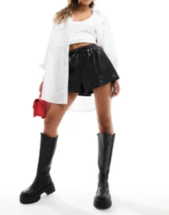 River Island Elasticated Waist Pu Runner Shorts In