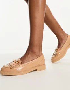 River Island Fringed Detail Patent Loafer In Beige