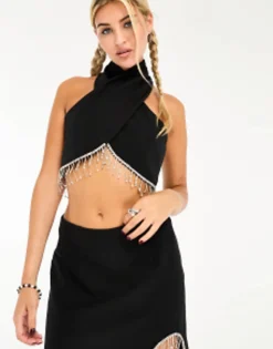 Something New X Lame. Cobain Diamante Halterneck Crop Top And Midi Skirt Co-Ord