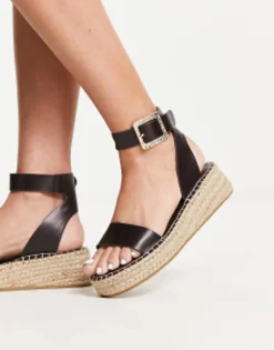 South Beach Pu Two Part Espadrille Sandal With Textured Buckle In