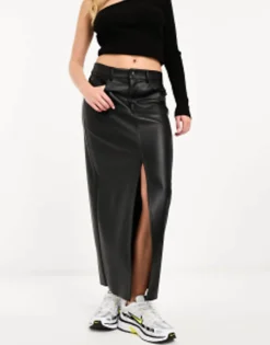 Stradivarius Coated Denim Midi Skirt In