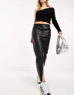Stradivarius Coated Denim Midi Skirt In