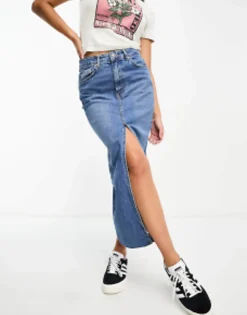 Stradivarius Denim Midi Skirt With Front Split In Midwash