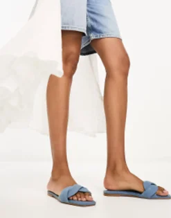 Stradivarius Denim Twist Strap Sandal In Mid Blue
