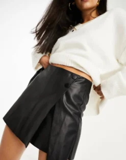 Stradivarius Faux Leather Wrap Front Skort In