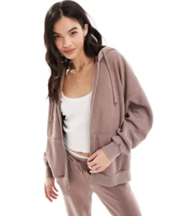 Stradivarius Oversized Zip Thru Hoodie And Jogger Co-Ord In Washed Brown