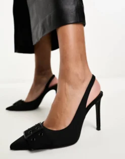 Stradivarius Pointed Toe Buckle Detail Sling Kitten Heel In