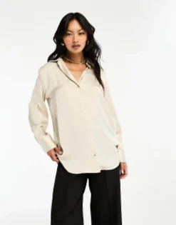 Stradivarius Satin Shirt In Champagne