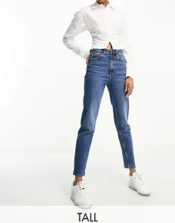 Stradivarius Tall Slim Mom Jean With Stretch In Authentic Blue