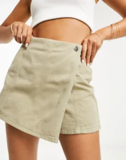 Stradivarius Twill Wrap Skort In Soft Khaki