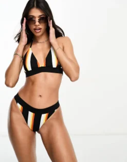 Threadbare Reversible Triangle Bikini Set In Black & Orange Stripe