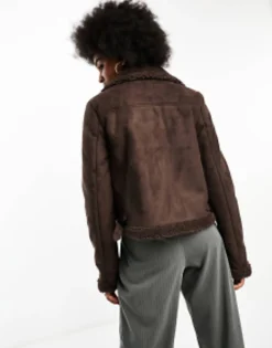 Threadbare Tall Betsy Suedette Aviator Jacket With Borg Trims In Chocolate