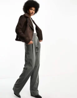 Threadbare Tall Betsy Suedette Aviator Jacket With Borg Trims In Chocolate