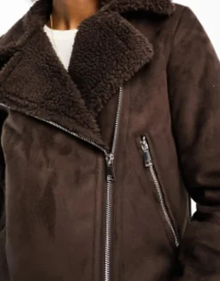 Threadbare Tall Betsy Suedette Aviator Jacket With Borg Trims In Chocolate