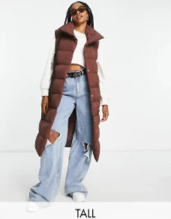Threadbare Tall Reflex Oversized Longline Padded Gilet With Pockets In Brown