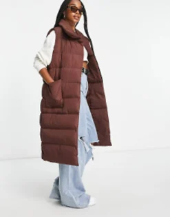 Threadbare Tall Reflex Oversized Longline Padded Gilet With Pockets In Brown