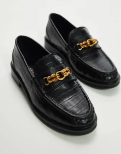 Topshop Clara Leather Flat Loafer With Chain In Croc