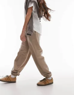 Topshop Plain Vintage Wash Oversized Cuff Jogger In Taupe